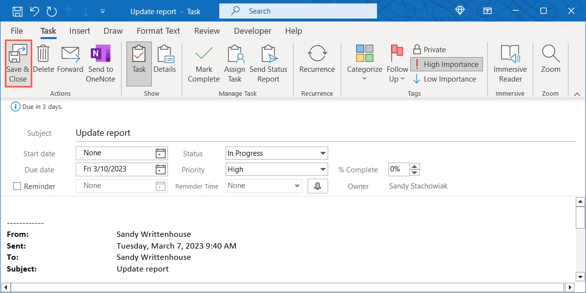 Save and Close in the new Task window