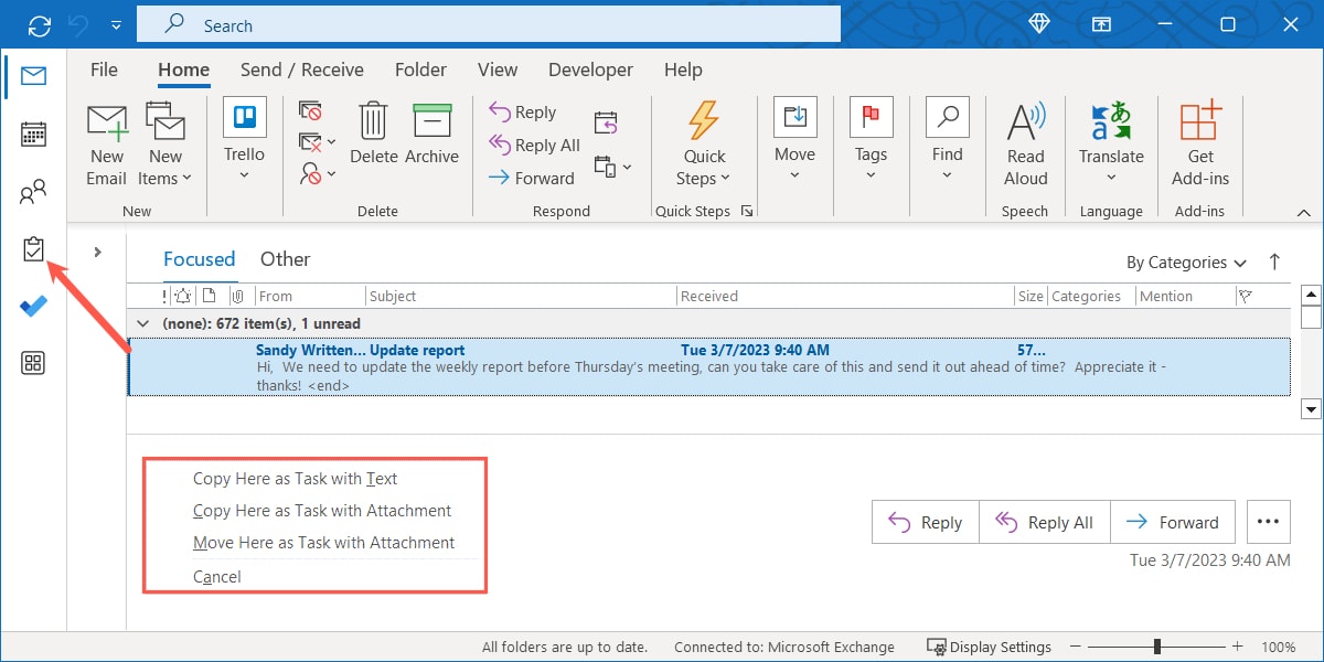 Actions when right-clicking and dragging an email to Tasks