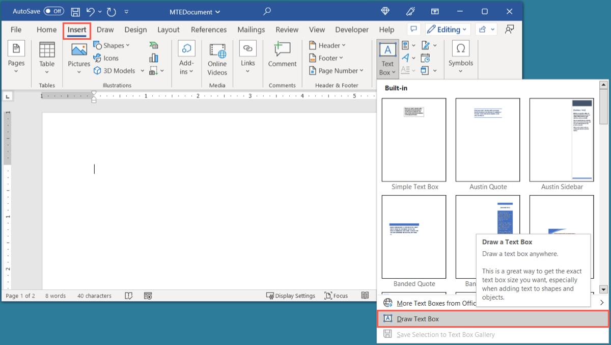 Draw Text Box in Word on Windows