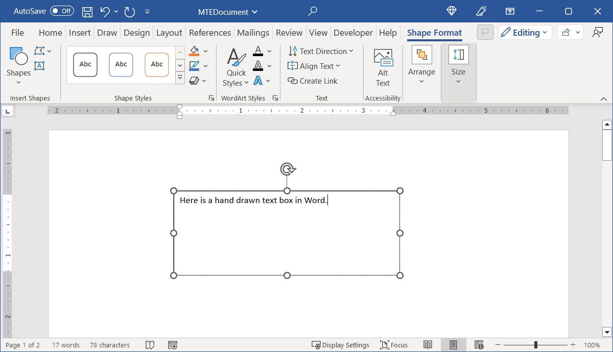 Drawn text box in Word