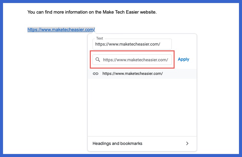 Edit URL box in Google Docs