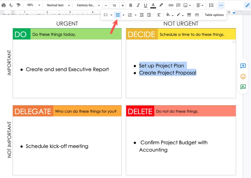 Eisenhower Matrix template for Google Docs with bullets