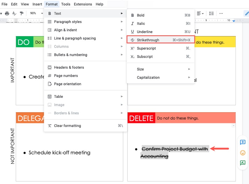 Eisenhower Matrix strikethrough text in Google Docs