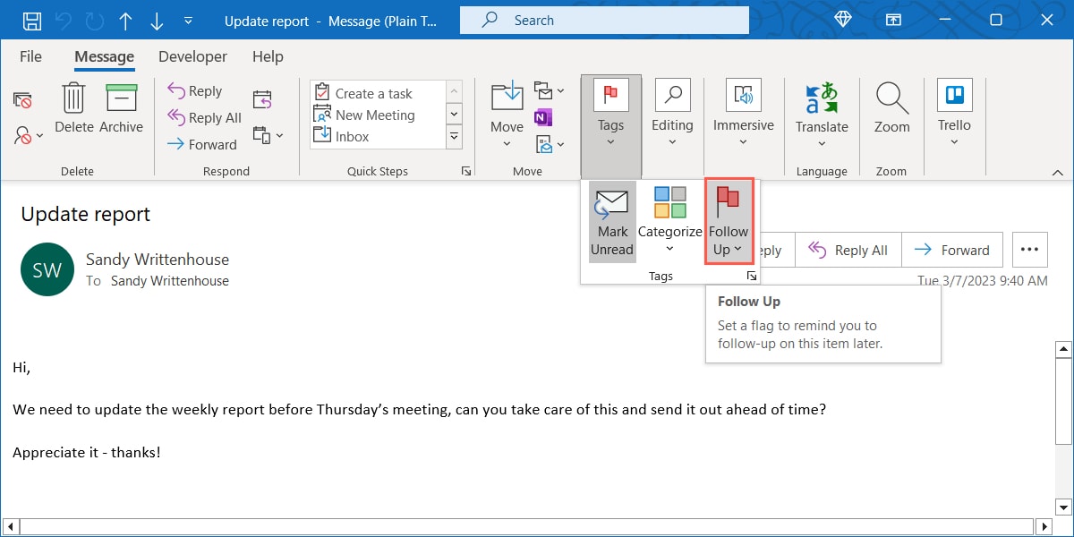 Follow Up in the Outlook Tags menu