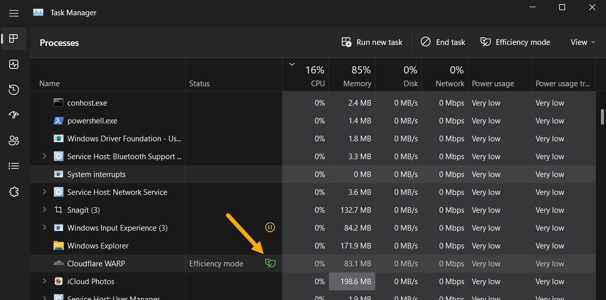 Green leaf icon next to app in Efficiency mode. 