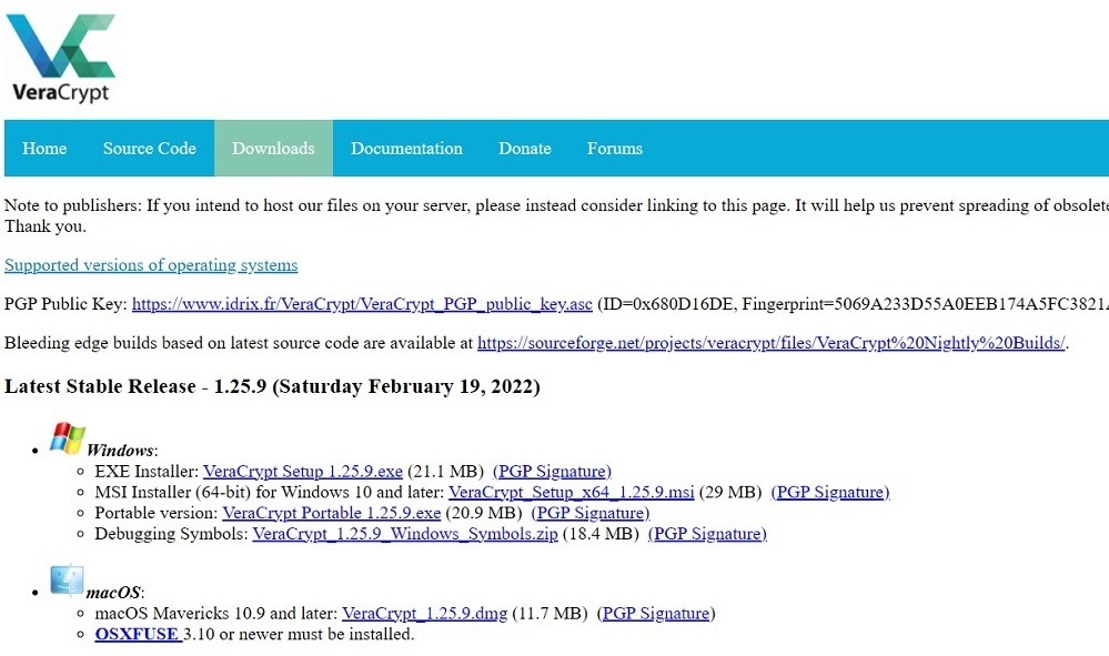 VeraCrypt.exe installer options on official webpage.