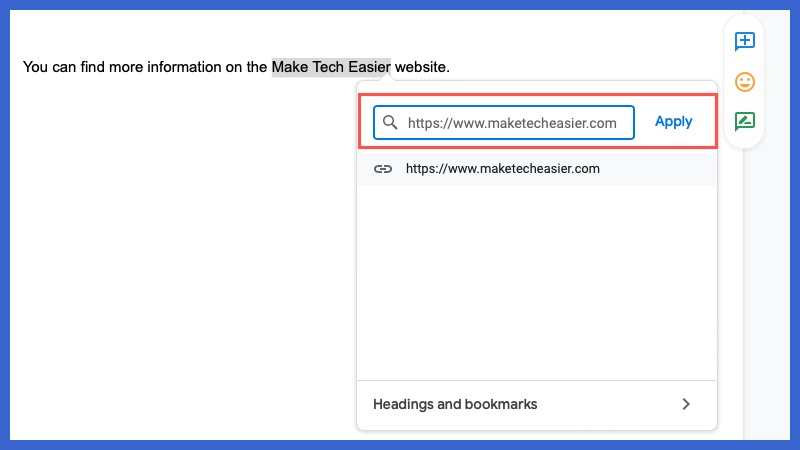 URL box and Apply in Google Docs