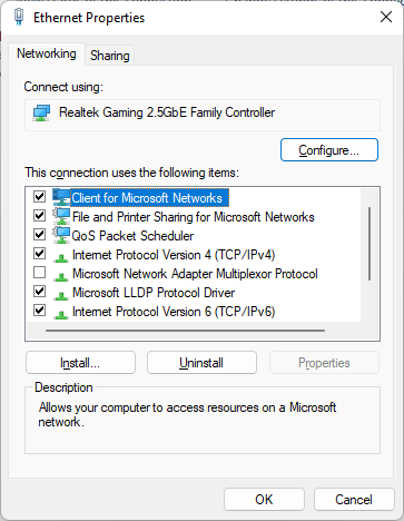 Ethernet Properties window with "Configure" button. 