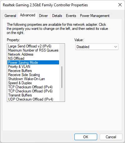 Choosing value for "Power Saving Mode."