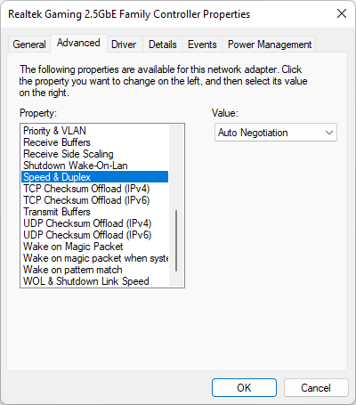 Choosing value for "Speed & Duplex."