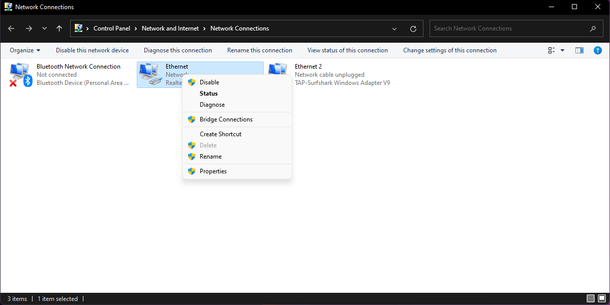 Right-clicking Ethernet connection under Network Connections.