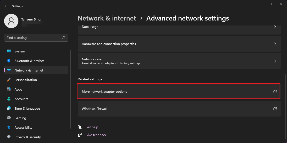 Clicking on "More network adapter options" in Windows 