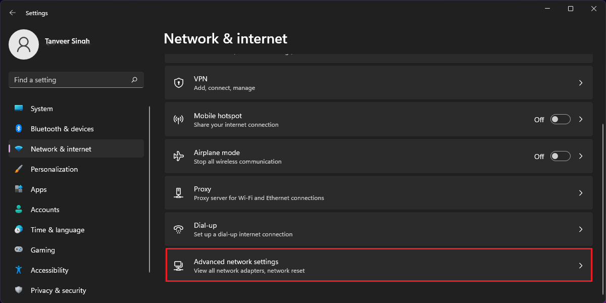 Accessing "Advanced network settings" in Windows.
