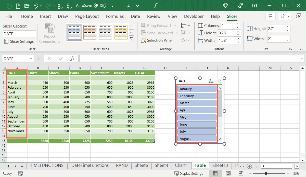 Slicer buttons and table field data