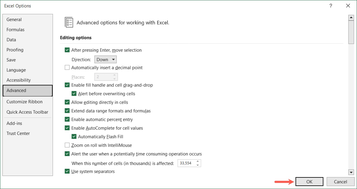 Excel Options OK button