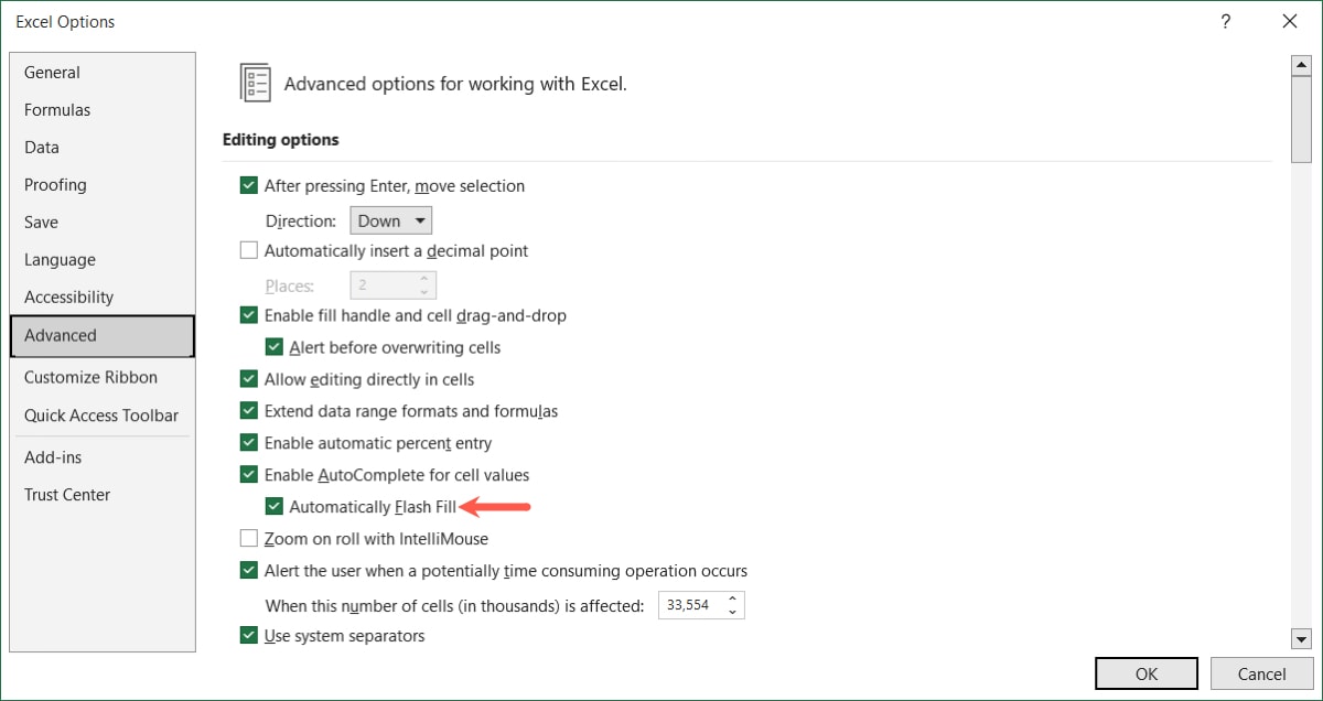 Automatically Flash Fill in the Excel Options box