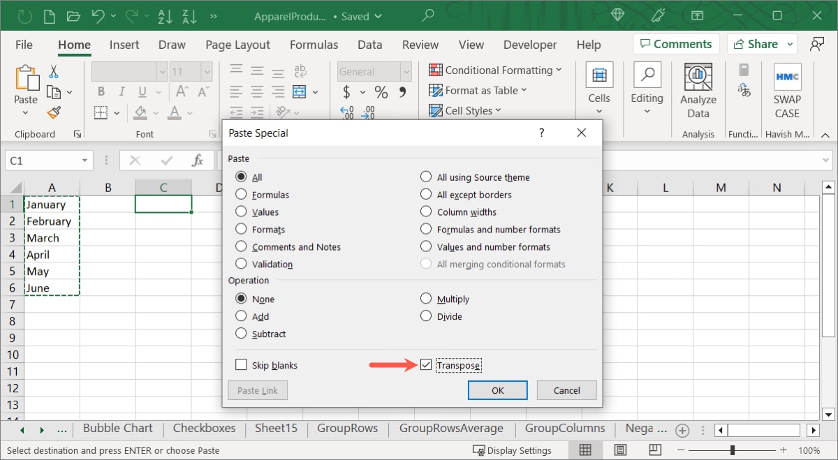 Transpose checked in the Excel Paste Special settings