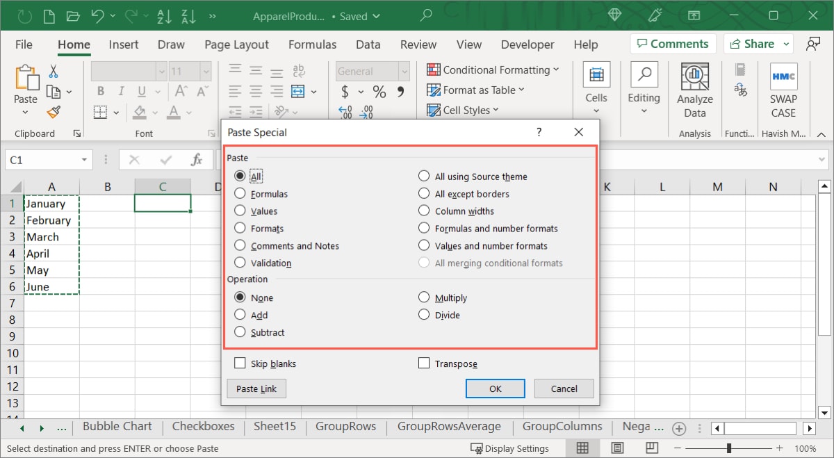 Excel Paste Special options