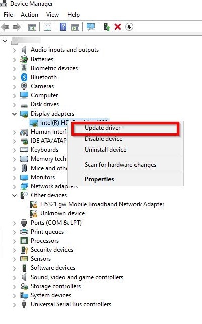 Updating display adapter drivers via Device Manager.