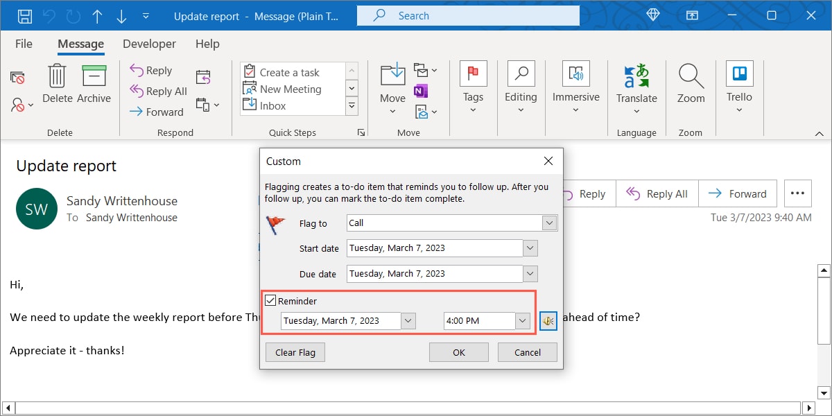 Follow Up Add Reminder settings