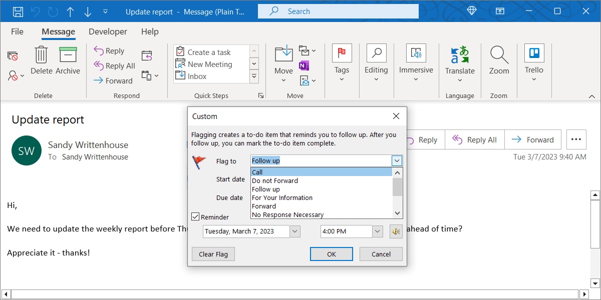 Follow Up Tag settings