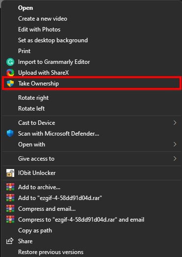 "Take Ownership" option added to context menu in Windows. 