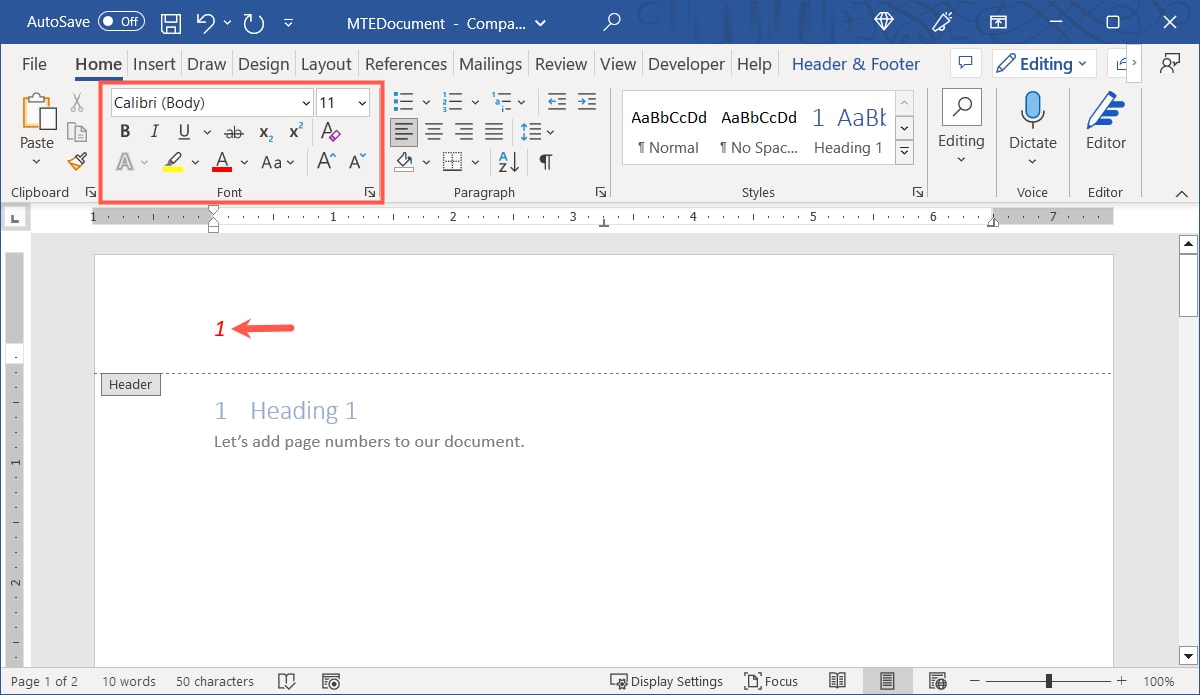 Font settings on the Home tab in Word