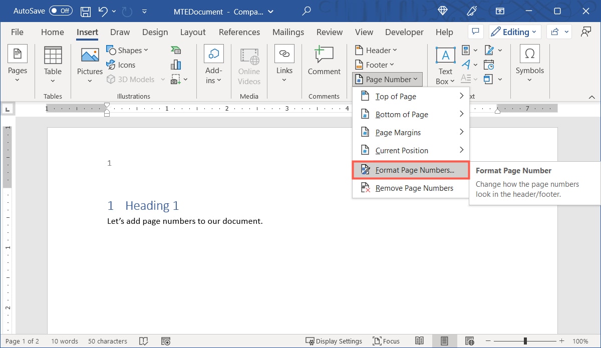 Format Page Numbers in the Page Number menu