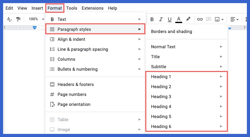 Headings in the Paragraph Styles menu