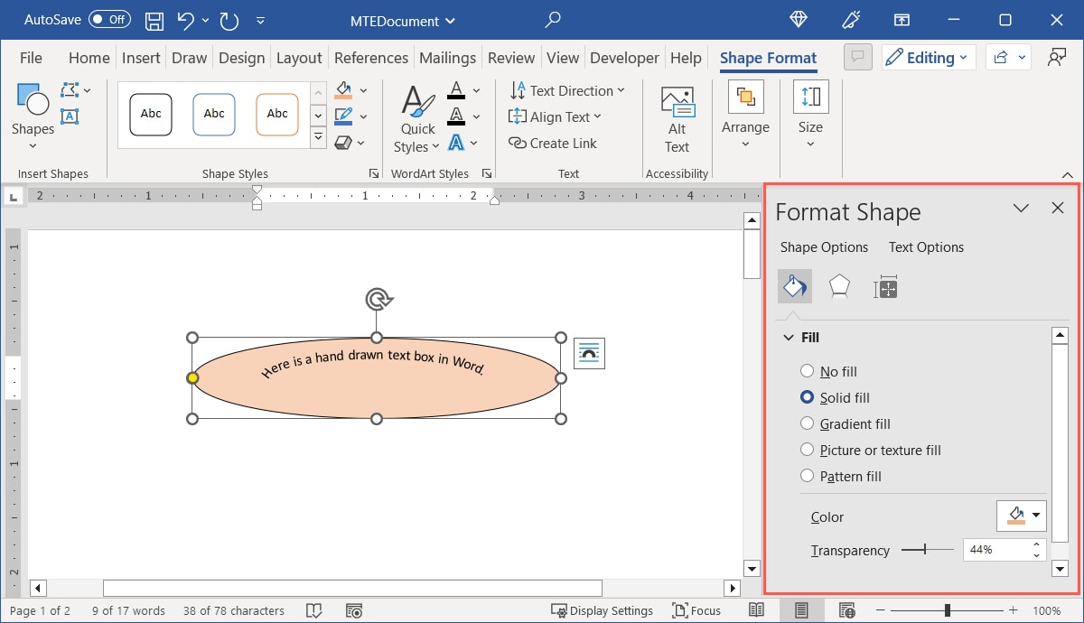 Format Shape sidebar in Word