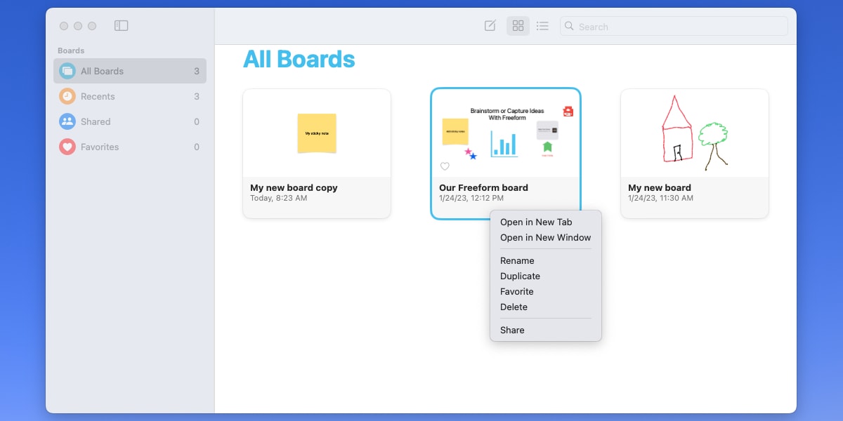Duplicate or Favorite in Freeform on Mac 