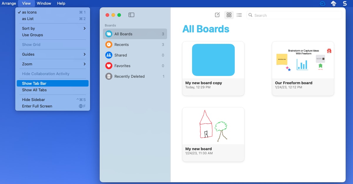 Show Tab Bar in the Freeform View menu