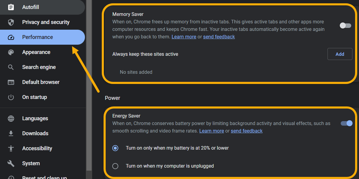 Enabling "Memory Saver" and "Energy Saver" in Google Chrome. 