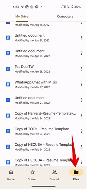 Google Drive Mobile Files Tab