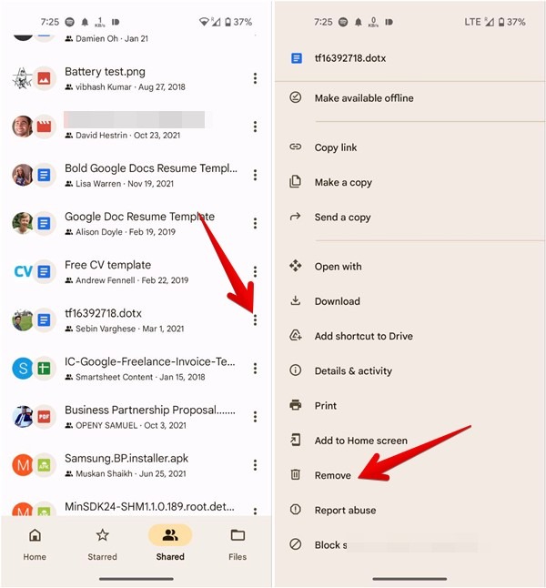 Google Drive Mobile Shared Files Remove