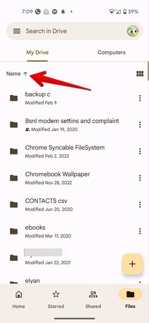 Google Drive Mobile Sort Storage