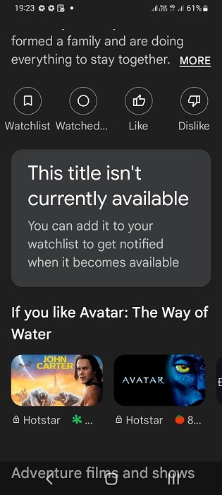 Title recommendations on a Google TV app installed on Android smartphone.