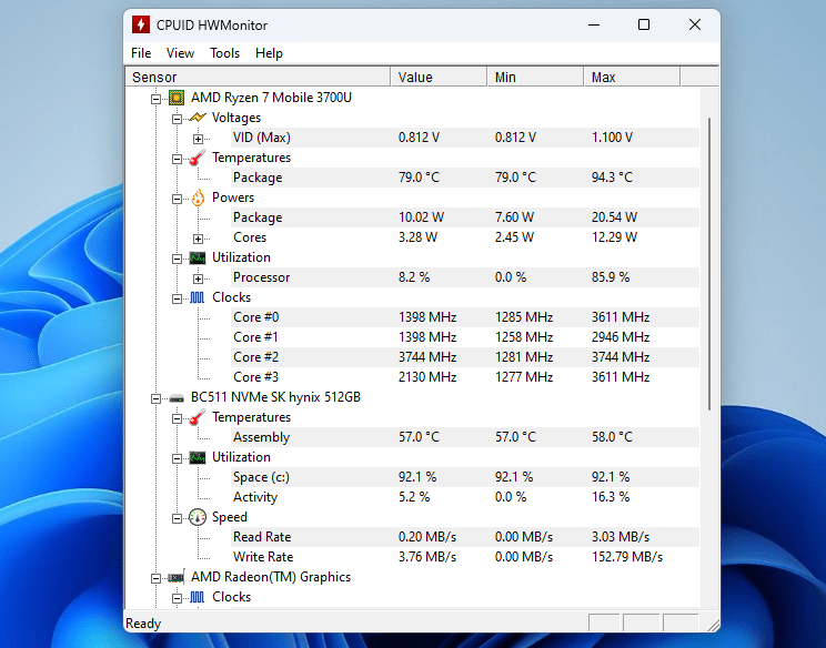 HWMonitor interface overview in Windows. 