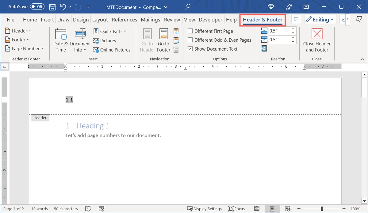 Header and Footer tab in Word