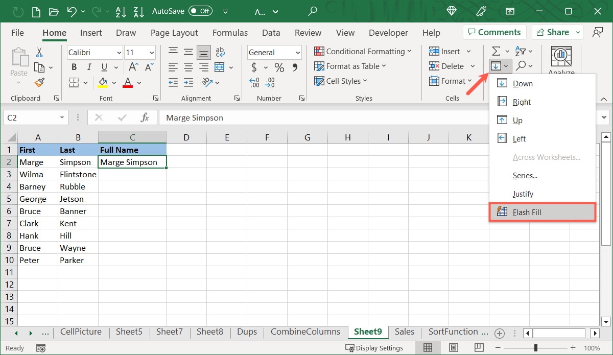 Flash Fill in the Fill menu