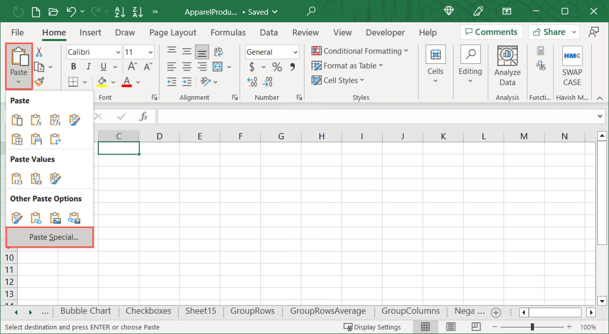 Paste Special in the Paste menu