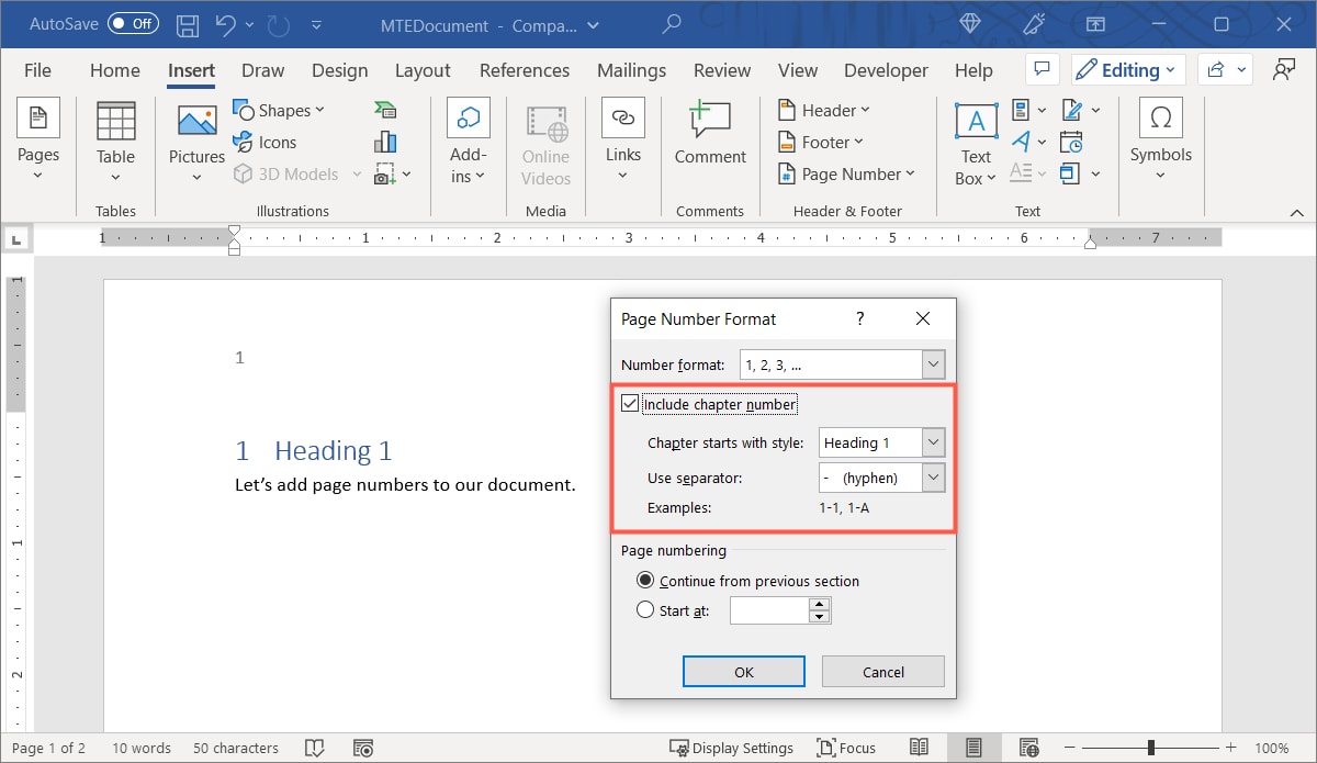 Include Chapter Number checkbox and options
