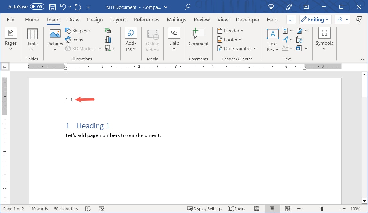 Chapter and page number in Word