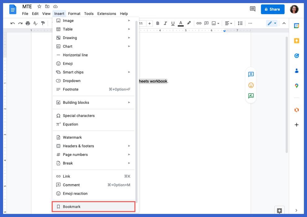 Bookmark in the Insert menu
