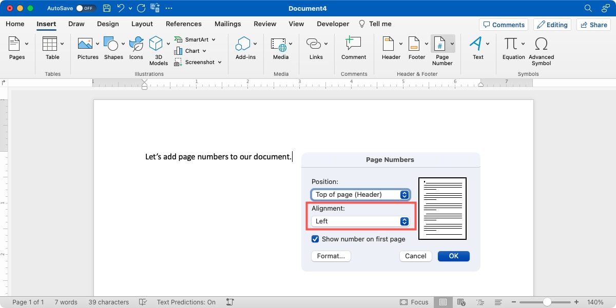 Page Number Alignment drop-down box in Word on Mac