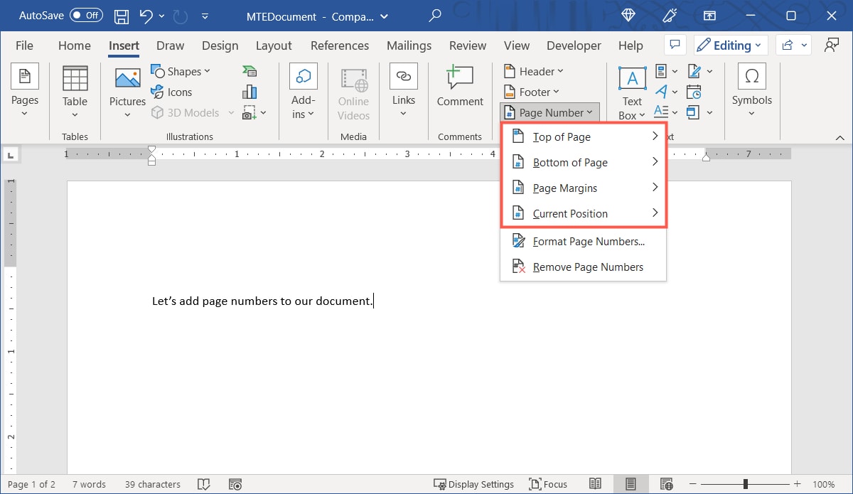 Page Number locations in Word on Windows