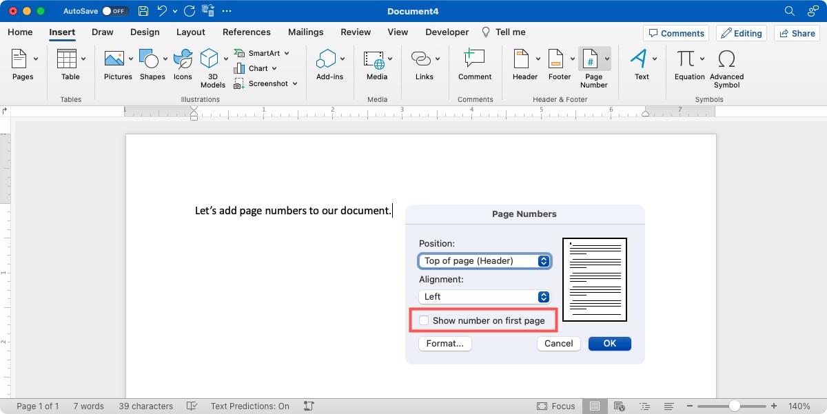 Page Number on first page checkbox in Word on Mac