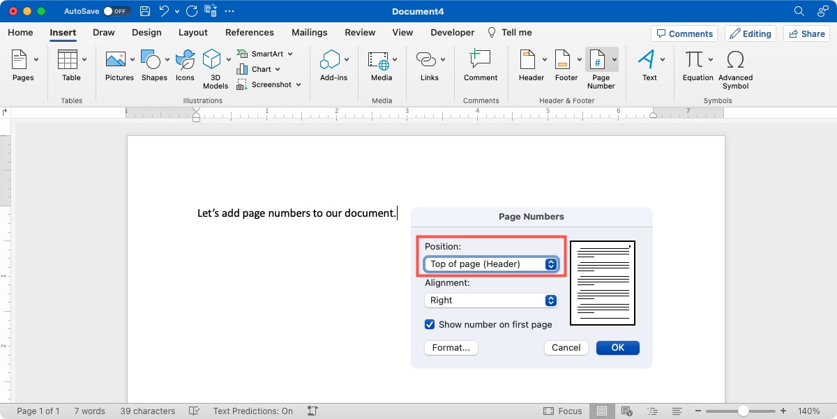 Page Number Position drop-down box in Word on Mac