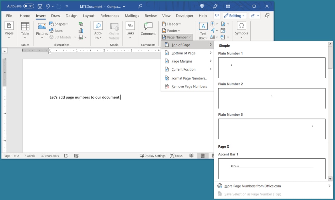 Page Number positions in Word on Windows