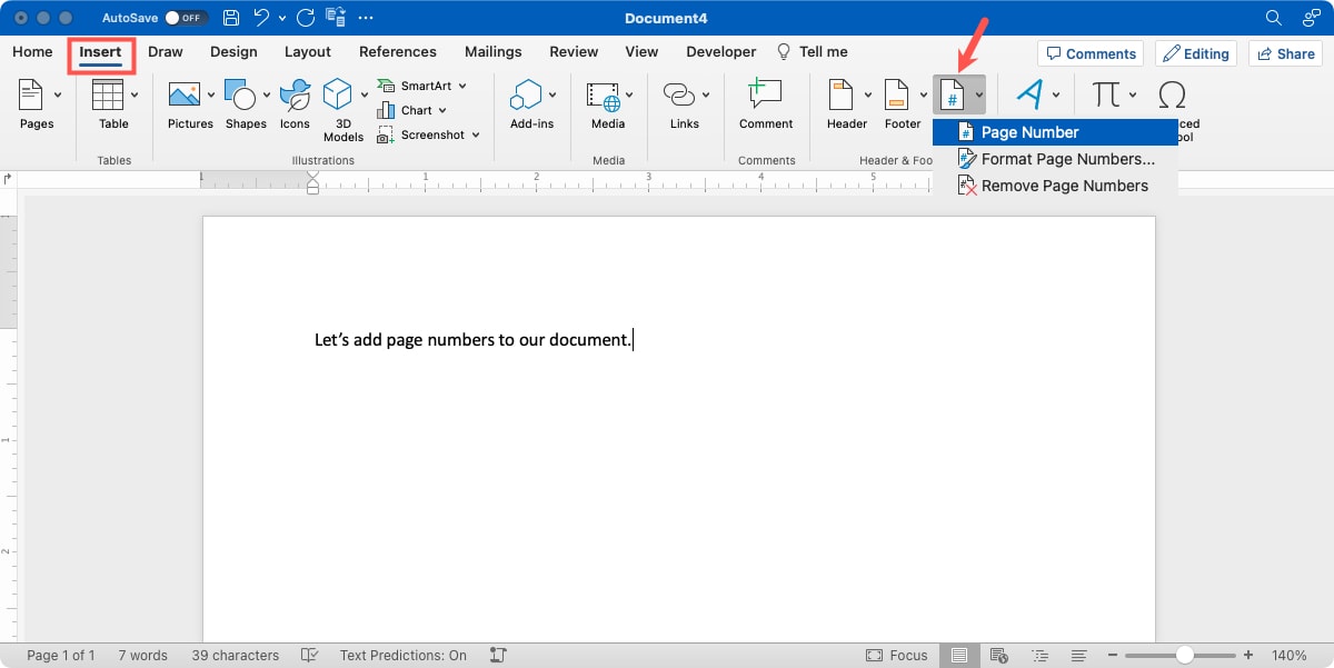 Page Number on the Insert tab in Word on Mac
